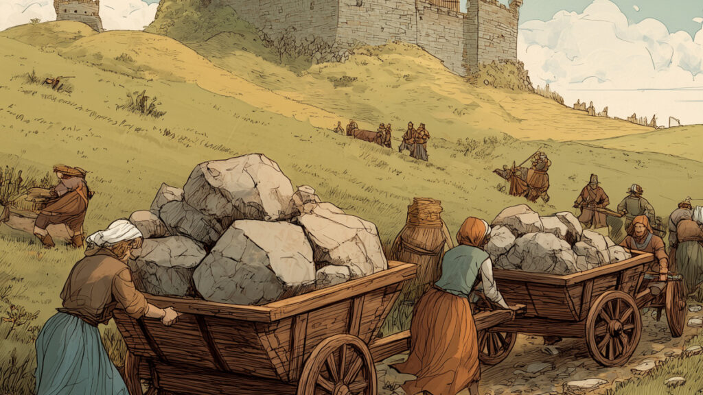 Im Vordergrund Bauern, die grosse seine auf Karren schieben. Im Hintergrund auf einem Hügel eine unfertige Burg.