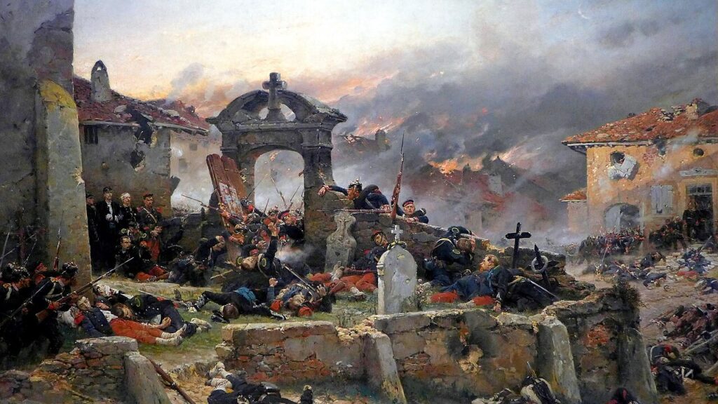 Der Friedhof von Saint-Privat, 1881, Öl auf Leinwand, Musée d´Orsay, Paris; Der Friedhof von Saint-Privat in der Nähe von Metz wurde zum blutigen Schlachtfeld, auf dem 42000 Soldaten starben. Am 18. August 1870 kämpften dort die französischen Truppen, erkennbar an ihren roten Hosen, in den letzten Zügen gegen die preußische Armee.