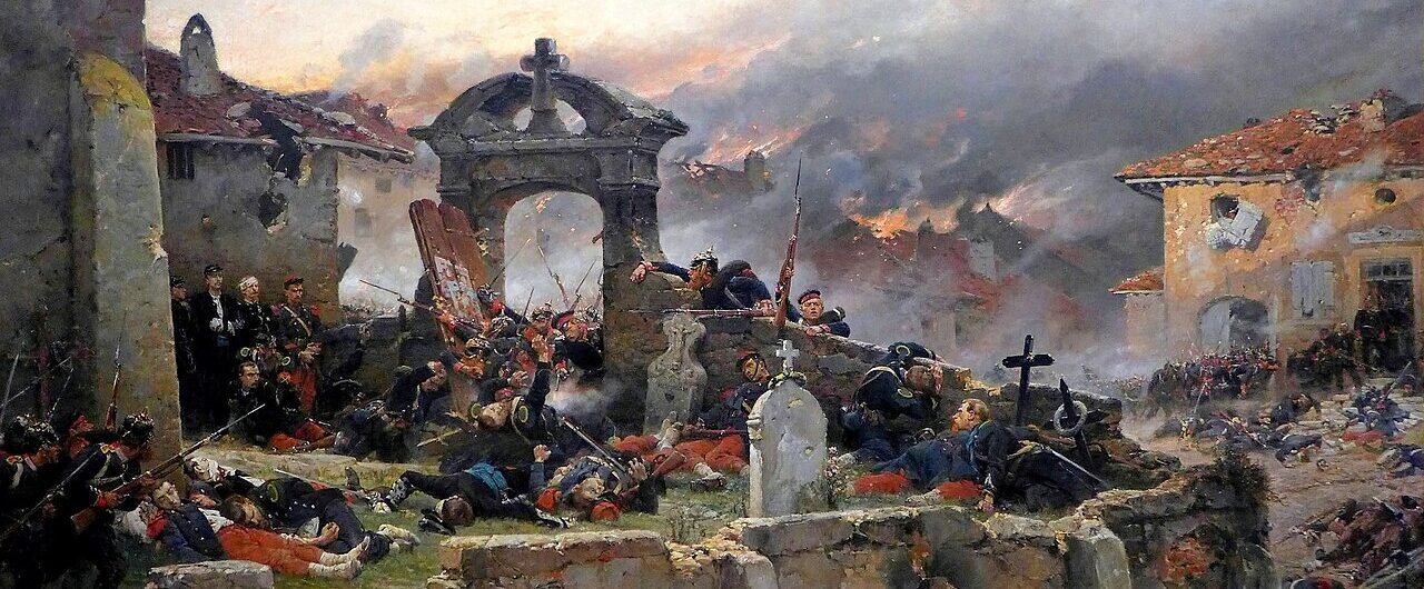 Der Friedhof von Saint-Privat, 1881, Öl auf Leinwand, Musée d´Orsay, Paris; Der Friedhof von Saint-Privat in der Nähe von Metz wurde zum blutigen Schlachtfeld, auf dem 42000 Soldaten starben. Am 18. August 1870 kämpften dort die französischen Truppen, erkennbar an ihren roten Hosen, in den letzten Zügen gegen die preußische Armee.